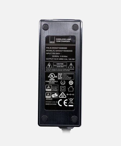 NEOZ 120W power supply for Large Charging Tray – high-efficiency replacement charger for 12 cordless lamps, 100–240V input, 15V 8A output.