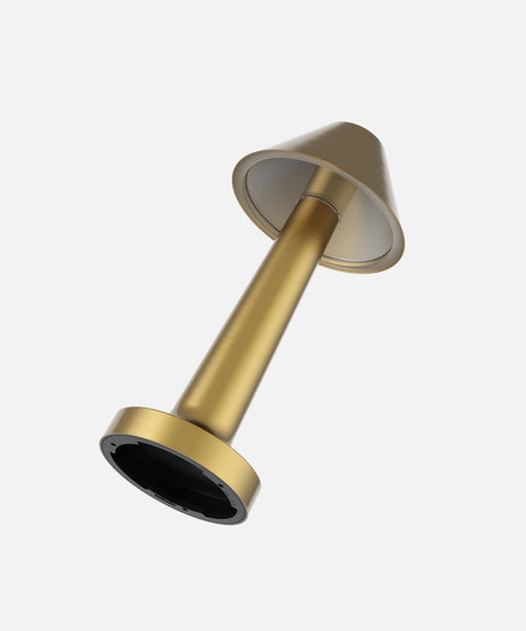 NEOZ Cooee 3C cordless lamp body in Lacquered Brass finish with metal cone diffuser.